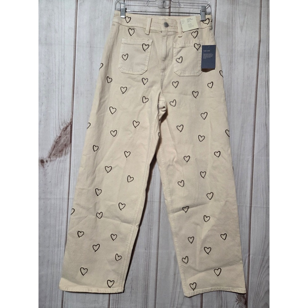 Universal Thread Sailor Straight Leg Heart Embroidered Jeans Cream 6 Reg NWT